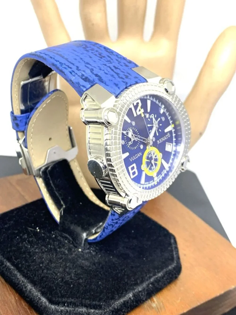 Renato Vulcan Men's Watch Swiss Quartz Chronograph Blue Dial Leather Strap 46mm